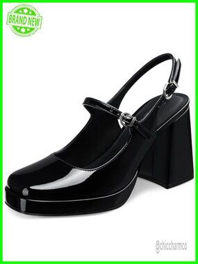 3.9 Inch Chunky Heels Closed Toe Slingback Pumps Comfortable Platform Heels